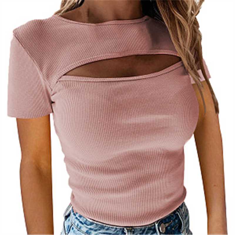 Sexy Bra-Cutout Short Sleeve Rib Top For Women, Fashionable, Sexy, Shows Breasts And Thighs, Exported To Amazon.com