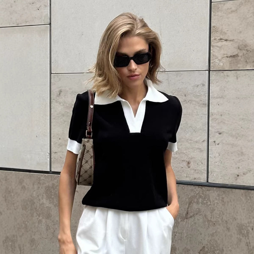 Elegant Commuter Polo-Neck Contrast-Color Loose Knit Top