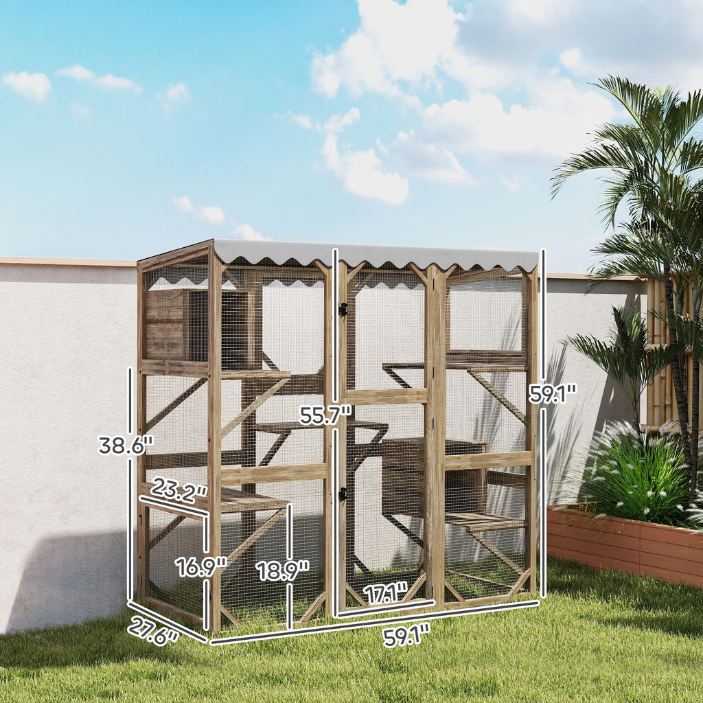 Outdoor Cat Enclosure with Window Access, 5 Platforms and 2 Resting Boxes, Waterproof Roof for Multiple Cats, Brown