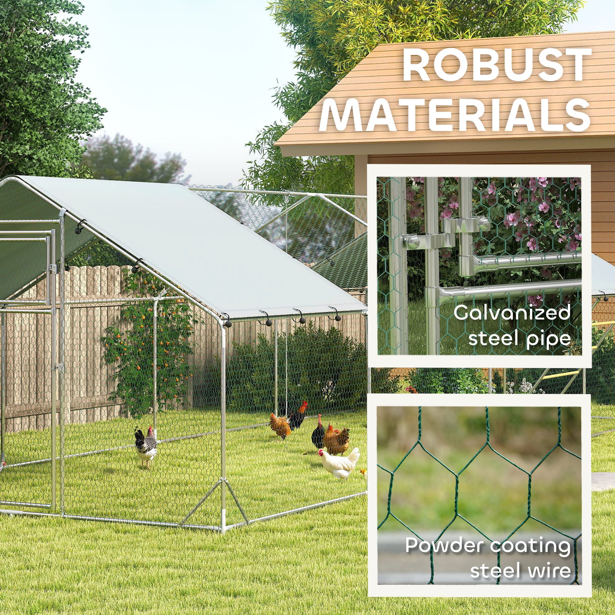 Metal Chicken Run w/ Waterproof & Anti-UV Cover, Feeding Door, Hanging Feeder, for 24-30 Chickens, 9.8' x 26.2' x 6.4'