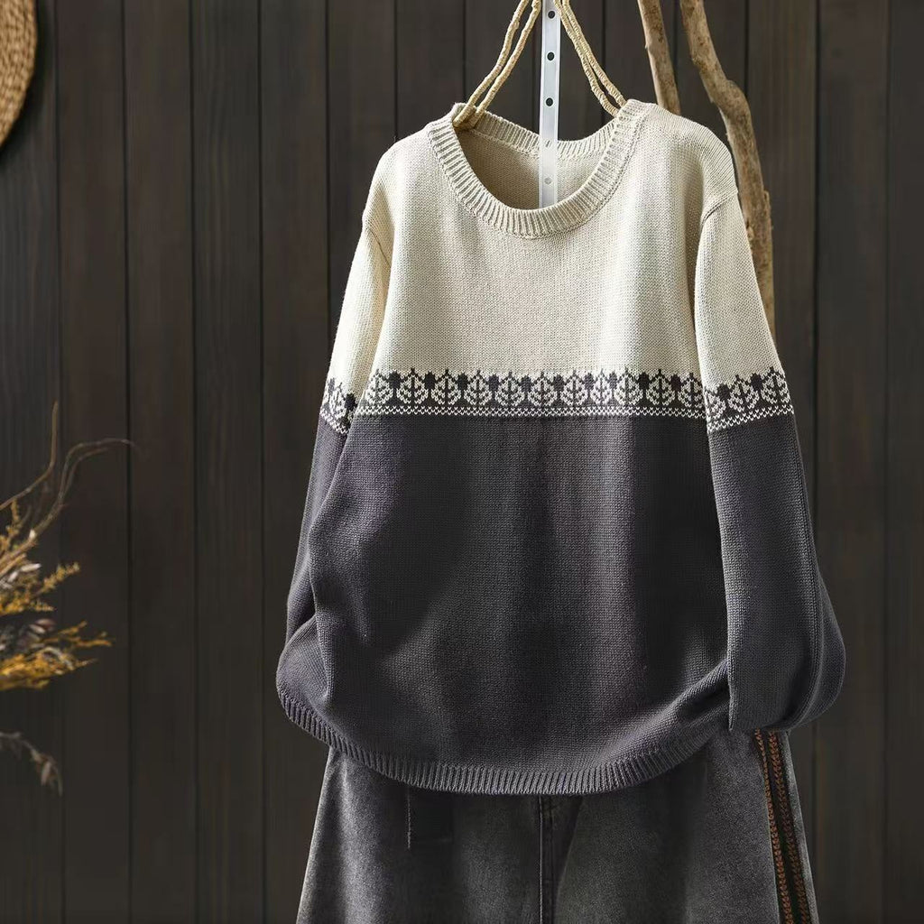Crew-neck Preppy-style Cotton Knit Sweater Loose And Casual