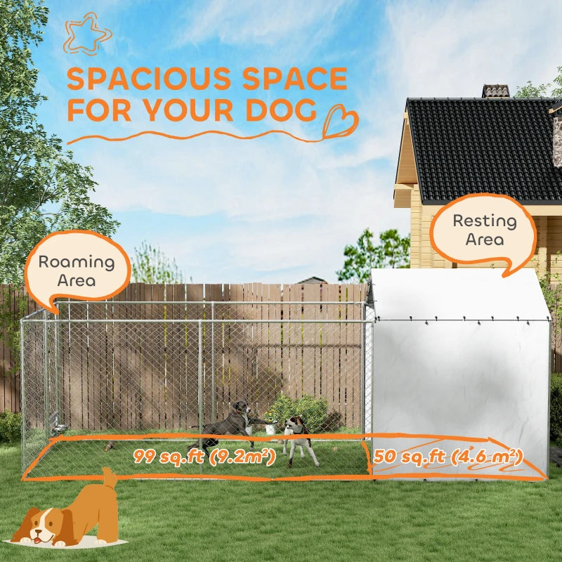 Galvanized Chain Link Large Outdoor Dog Kennel With Waterproof & UV-Resistant Cover, For M&L Dogs, 19.7' X 7.5' X 7.5'
