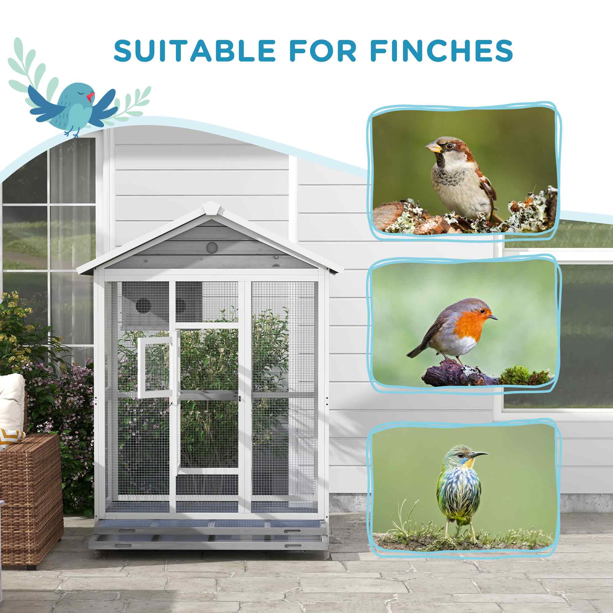 64.5" Wooden Bird Cage Aviary, Flight Cage with 4 Perches, Nest and Slide-Out Tray for Indoor/Outdoor, Gray