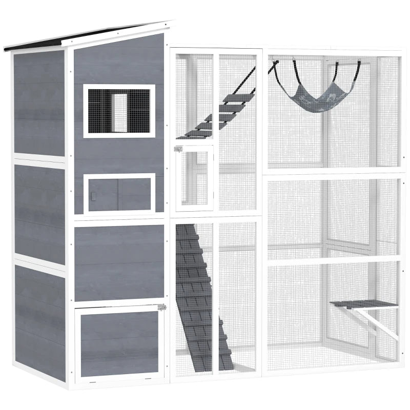Large Wooden Catio Outdoor, Cat Enclosure W 4 Tier Resting Rooms, 3 Platforms, 1 Soft Ladder, 2 Ramps, 1 Hammock,Multiple Packages Will Be Shipped,Please Pay Attention To The Dimensions And Weight