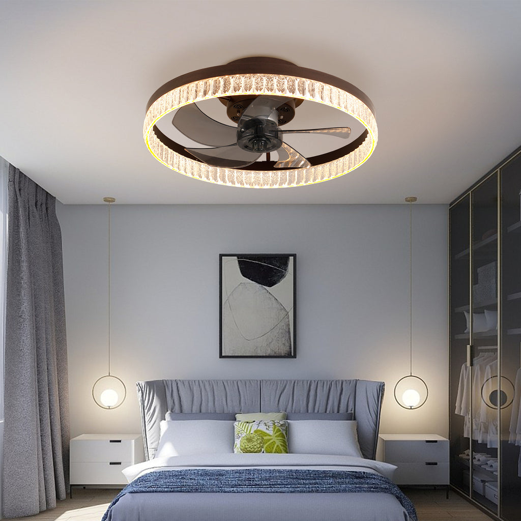20  Brown Ceiling Fan With LED Light -Modern Flush Mount Fan Light For Bedroom, Living Room, And Home Decor With Crystal Ring Design