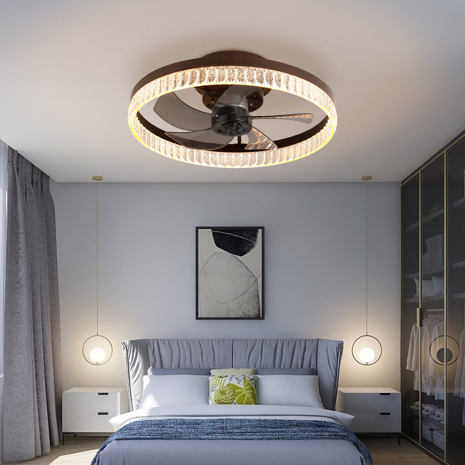 20  Brown Ceiling Fan With LED Light -Modern Flush Mount Fan Light For Bedroom, Living Room, And Home Decor With Crystal Ring Design