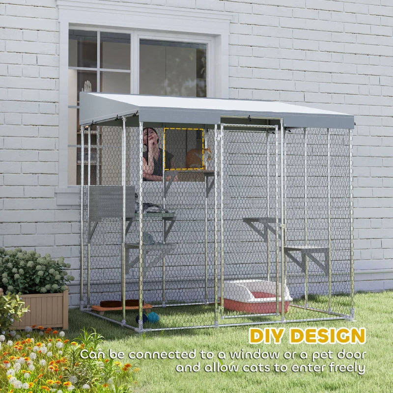 Galvanized Steel Large Catio With Waterproof Canopy, Sleeping Box, Jumping Platforms, For 1-3 Kittens, SilverMultiple Packages Shipped. Please Pay Attention To The Dimensions And Weight In The Details