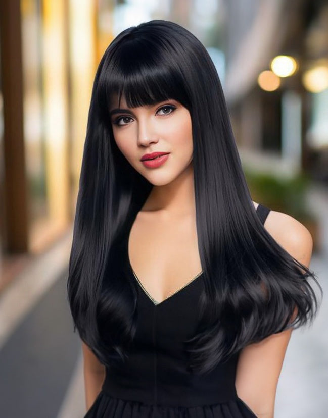 Self-pickup Medium-length Wavy Straight Hair Fully Machine-made Wig 26 Inches Natural Black Heat-resistant Fiber High-temperature Silk Wig Dyeable And Soupable Bangs Synthetic Wig.