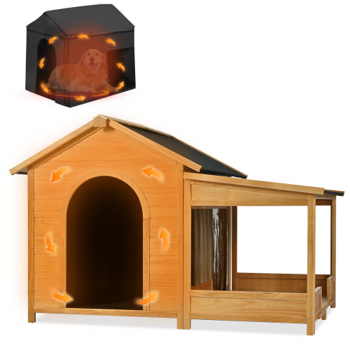 60.2  Large Outdoor Dog House With Insulated Liner For Winter Waterproof Dog Kennel For Medium & Large Dogs, Dog House With Porch And Asphalt Roof And Elevated Floor, Nature