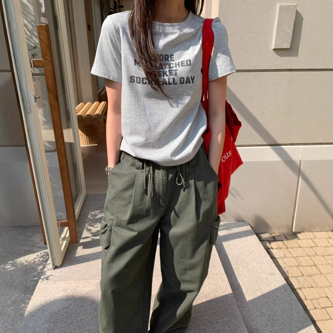 Minimalist Letter-print Short-sleeve T-shirt Pure Cotton Top Versatile For Workwear Style