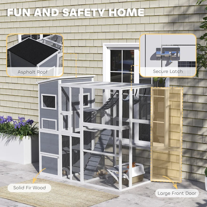 Large Wooden Catio Outdoor, Cat Enclosure W 4 Tier Resting Rooms, 3 Platforms, 1 Soft Ladder, 2 Ramps, 1 Hammock,Multiple Packages Will Be Shipped,Please Pay Attention To The Dimensions And Weight