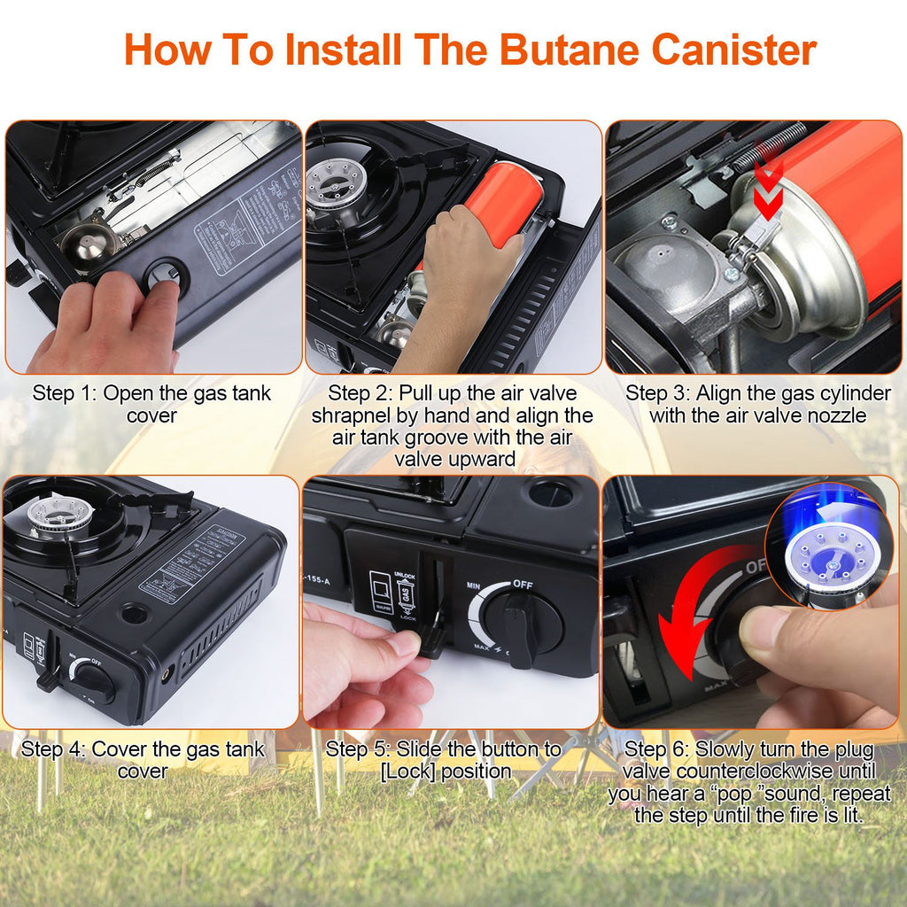 1Pc 3300W Portable Camping Stove Butane Canister Dual Fuel Burner Piezo Electric Ignition Single Burner With Automatic Tank Ejection Overpressure Cut Off Carry Case For Camping Hiking Picnic Fishing B