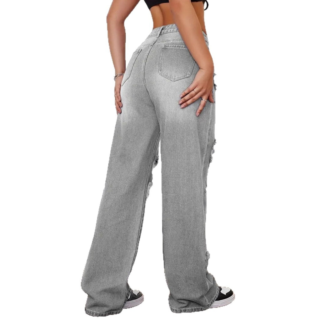 Women's Washed Ripped Straight Jeans