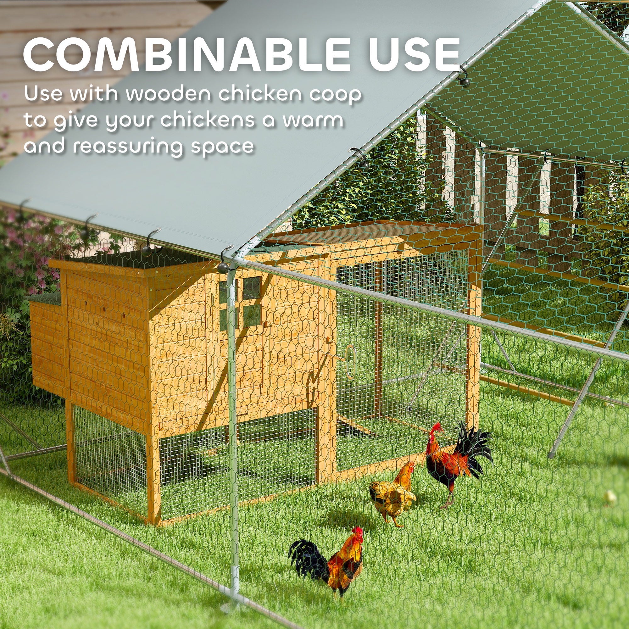 Metal Chicken Run w/ Waterproof & Anti-UV Cover, Feeding Door, Hanging Feeder, for 24-30 Chickens, 9.8' x 26.2' x 6.4'