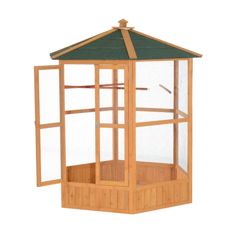 PawHut 69 Wooden Hexagonal Outdoor Aviary Flight Bird Cage With Covered Roof, BrownFor Multiple Packages, Please Pay Attention To The Detailed Dimensions And Weight Of Each Package.