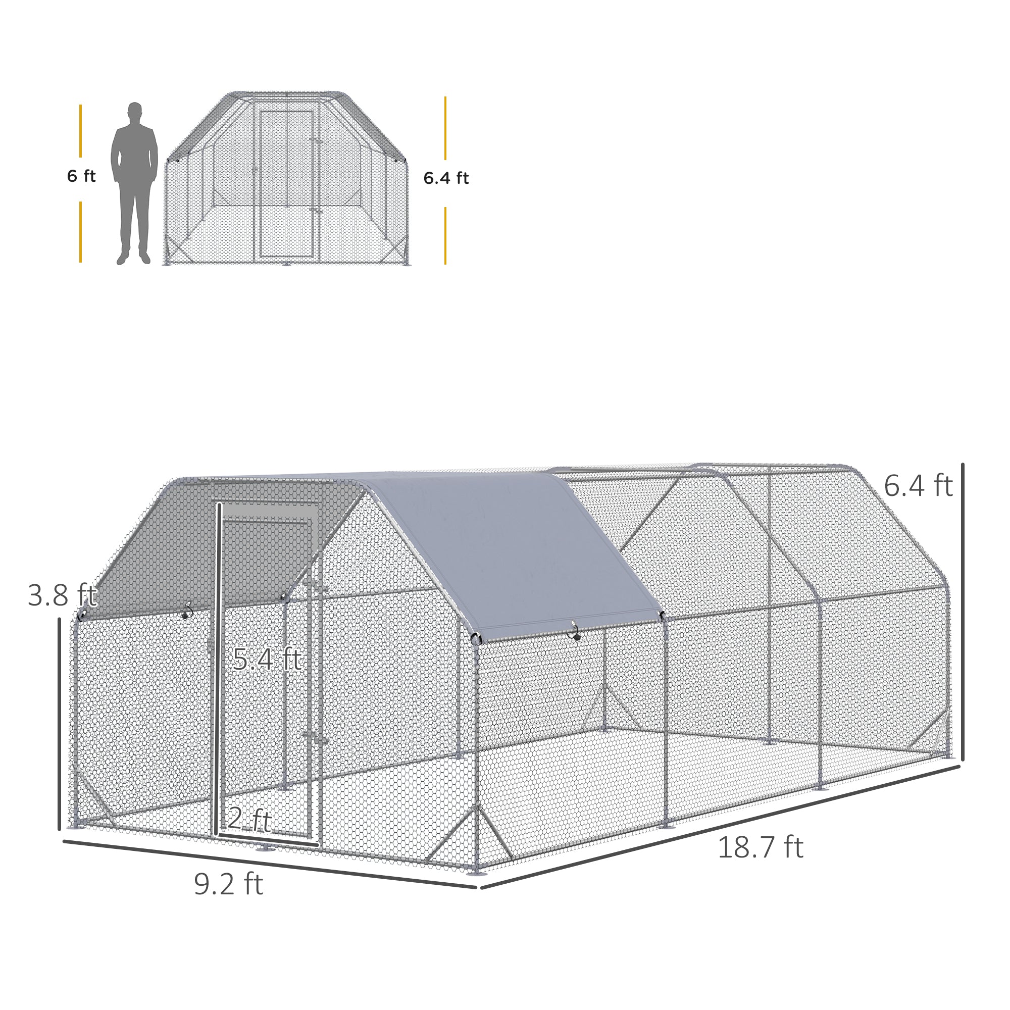 Large Chicken Coop Metal Chicken Run with Waterproof and Anti-UV Cover, Flat Shaped Walk in Fence Cage Hen House for Outdoor and Yard Farm Use, 1" Tube Diameter, 9.2' x 18.7' x 6.4'