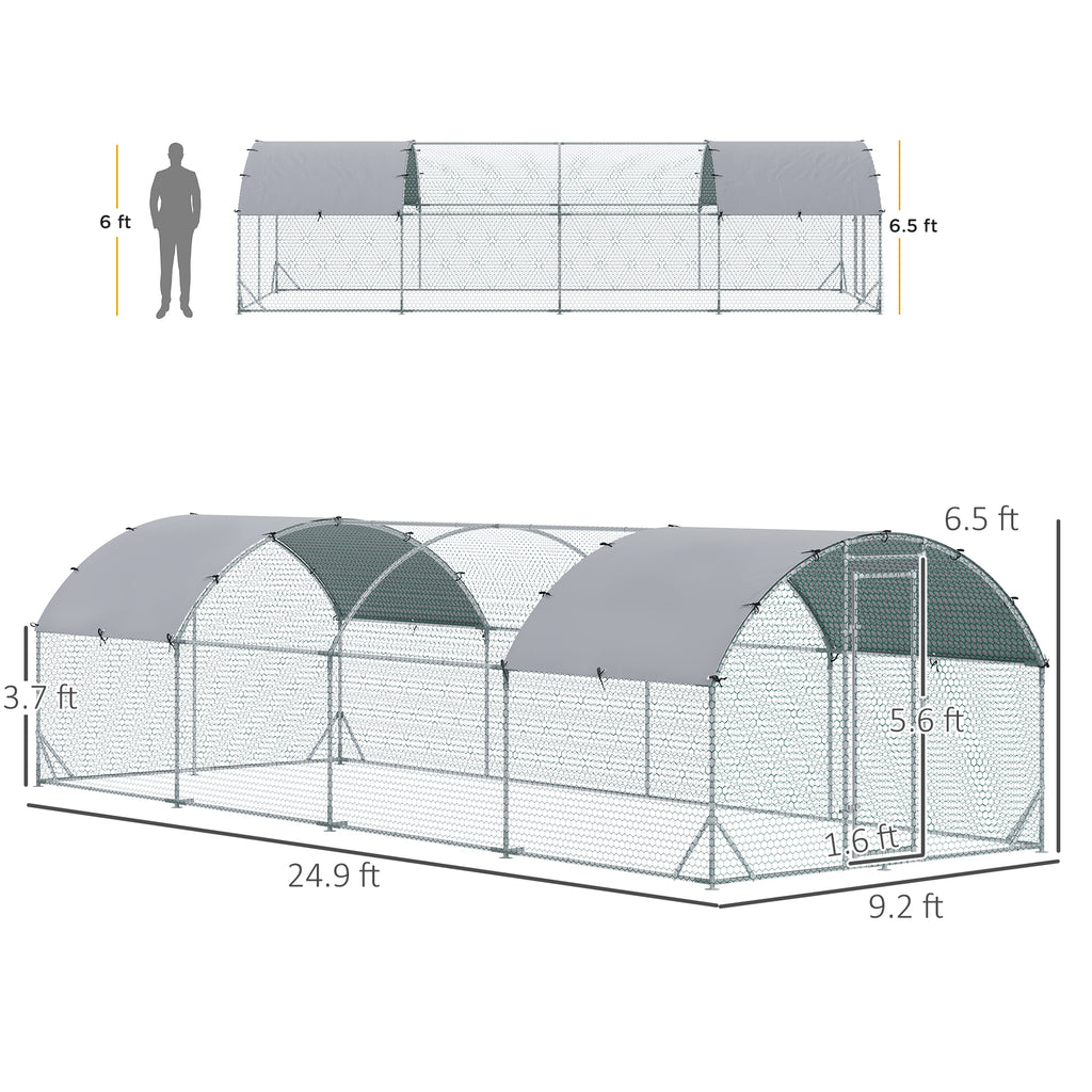Large Metal Chicken Coop with Waterproof and Anti-UV Cover for Yard, Outdoor, Duck, Rabbit, 9.2' x 24.9' x 6.5'