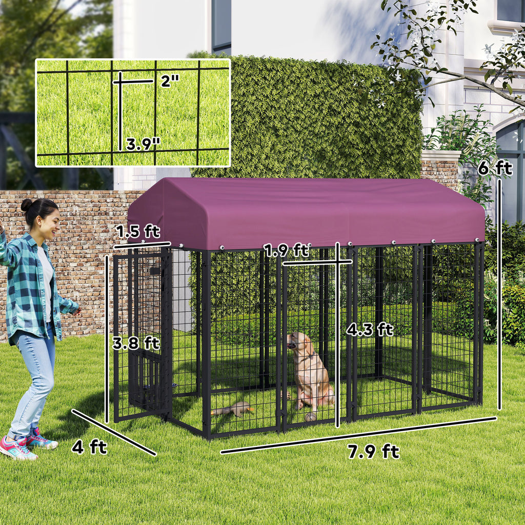 Welded Wire Outdoor Dog Kennel with 360° Rotating & 4 Levels Adjustable Bowls, Waterproof Cover, 7.9' x 4' x 6'