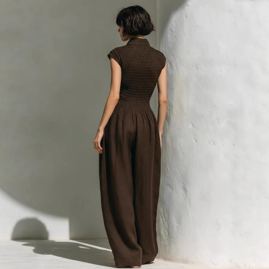 Elegant Waist-Cinching Pleated Solid-Color Designer Womens Jumpsuit