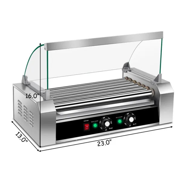 Stainless Steel Hot Dog Maker - 7 Rows, Toughened Glass Hood & 17.7"x9.8" Grill Surface