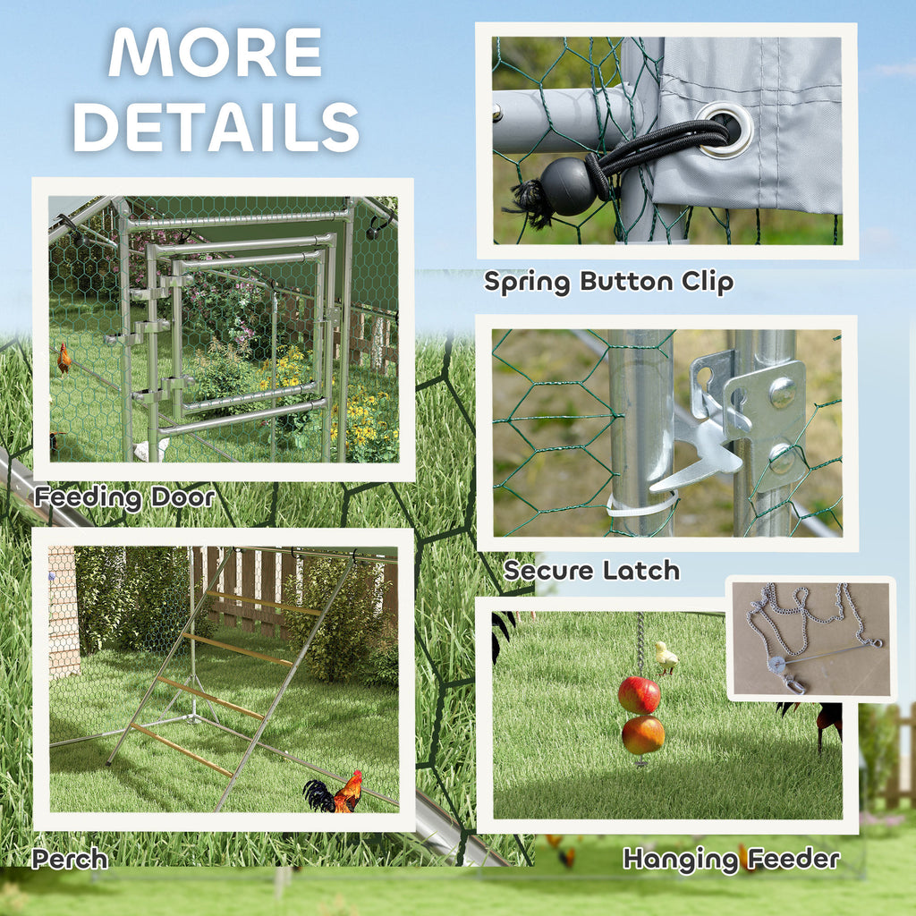 Metal Chicken Run w/ Waterproof & Anti-UV Cover, Feeding Door, Hanging Feeder, for 24-30 Chickens, 9.8' x 26.2' x 6.4'