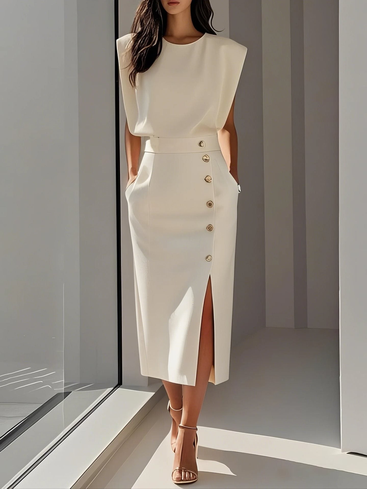 Women's Button-Front Sleeveless Midi Split Dress