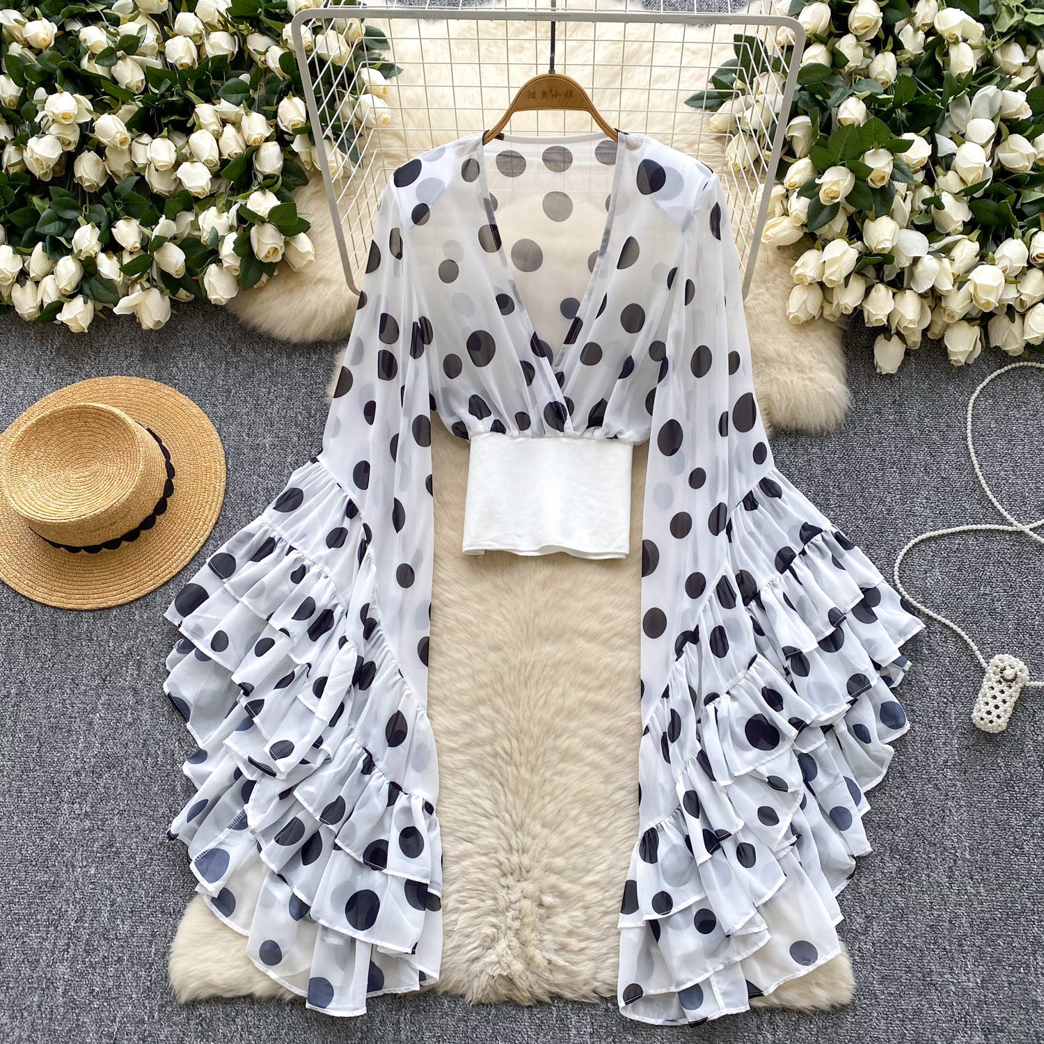 Women's Sheer Polka Dot Flare Sleeve V-Neck Top