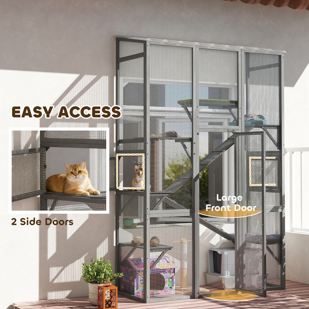 Outdoor Catio Cat Enclosure, Large Wooden Cat House with 6 Jumping Platforms, Scratching Post, 2 Ramps, for 2-3 Kittens