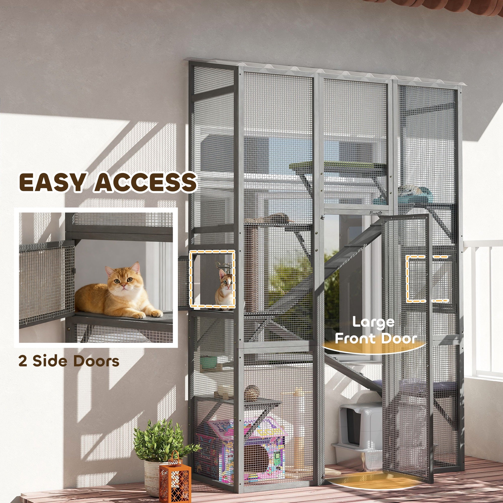 Outdoor Catio Cat Enclosure, Large Wooden Cat House with 6 Jumping Platforms, Scratching Post, 2 Ramps, for 2-3 Kittens