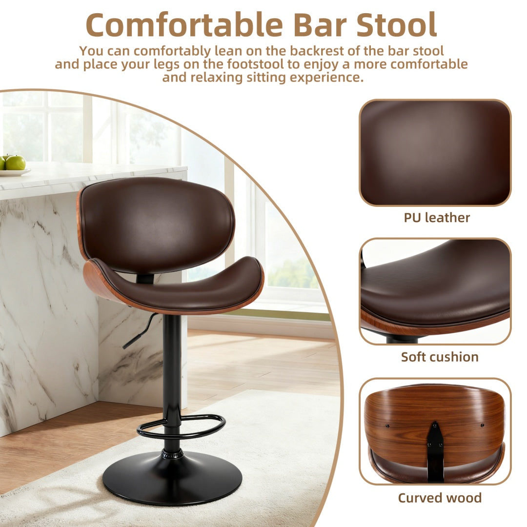 A Set Of 2 Rotating Bar Stools With Adjustable Height, PU Leather Decorative Chairs, Backrests And Footstools, And Anti-slip Rubber Bases