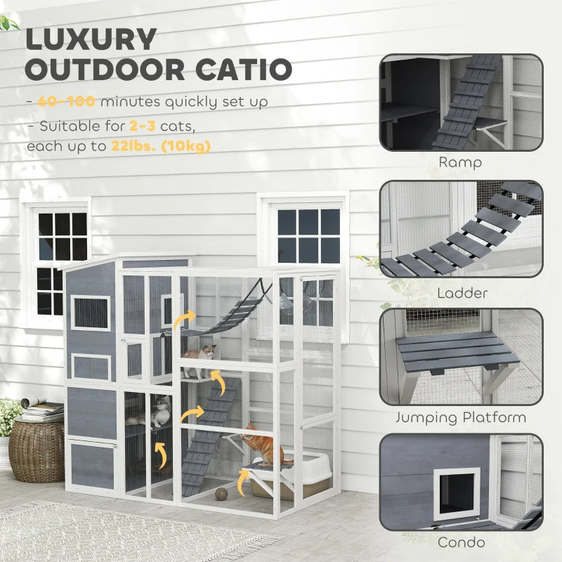 Large Wooden Catio Outdoor, Cat Enclosure W 4 Tier Resting Rooms, 3 Platforms, 1 Soft Ladder, 2 Ramps, 1 Hammock,Multiple Packages Will Be Shipped,Please Pay Attention To The Dimensions And Weight