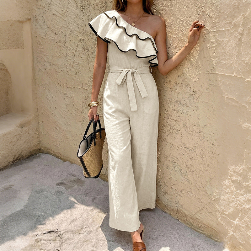 One-Shoulder Ruffle-Trimmed Drawstring Waist Jumpsuit