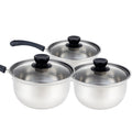 Set Of 3 Induction Non Stick Stainless Steel Cookware Kitchen Glass Lids Pot Pan