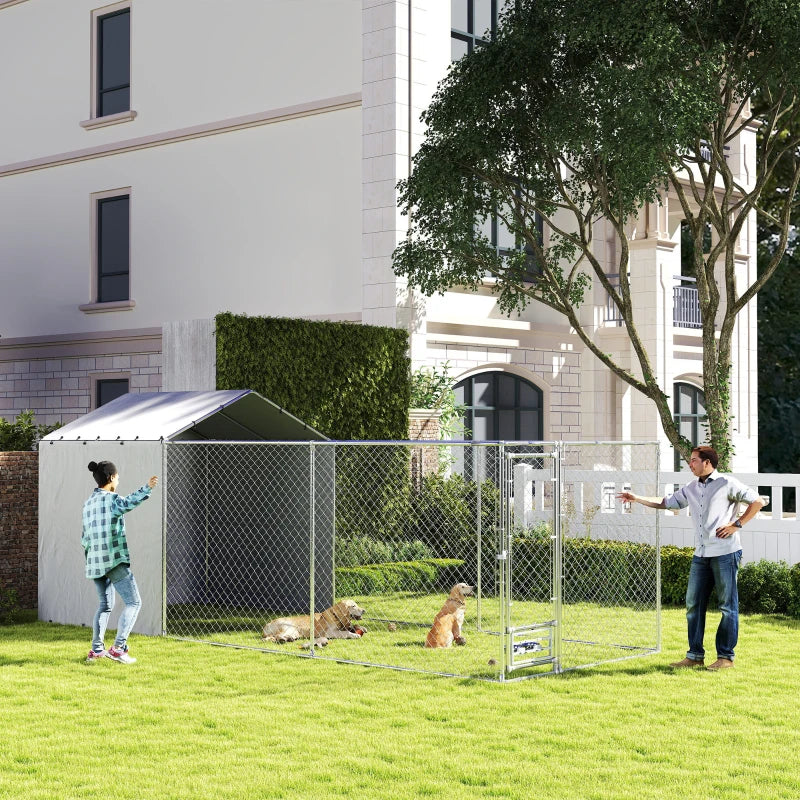 Galvanized Chain Link Large Outdoor Dog Kennel With Waterproof & UV-Resistant Cover, For M&L Dogs, 19.7' X 7.5' X 7.5'
