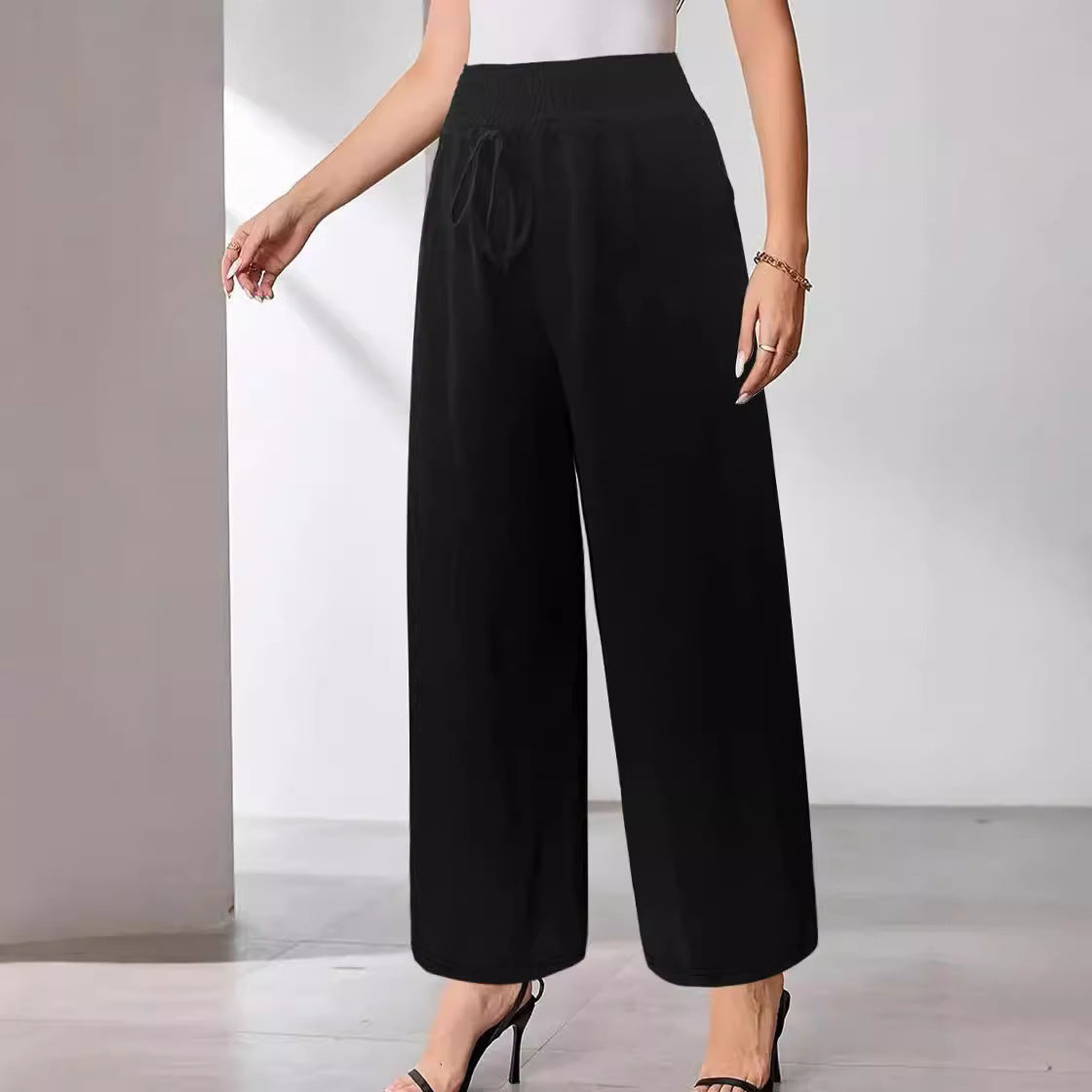 Women's Casual Fashion Solid-Color Drawstring Wide-Leg Pants With Pockets