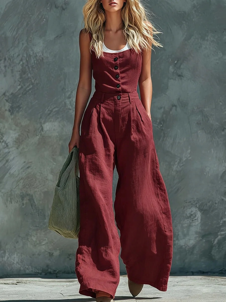2026 European And American Cross-border Foreign Trade New Style Retro Button Front Opening High Waist Wide Leg Jumpsuit