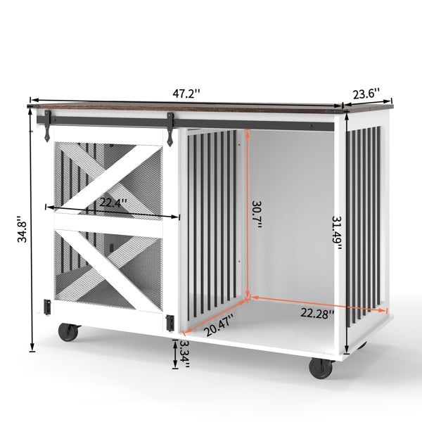 47.2" Mobile Dog Crate With Flip-Top Feeding Door, Dual-Access & 5 Caster System (2 Locking), Side Hooks - Multi-Functional Pet Kennel,double Dog Crate Furniture