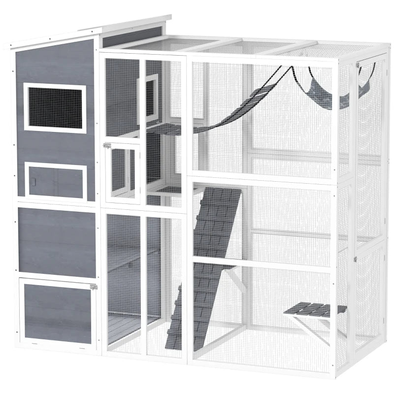 Large Wooden Catio Outdoor, Cat Enclosure W 4 Tier Resting Rooms, 3 Platforms, 1 Soft Ladder, 2 Ramps, 1 Hammock,Multiple Packages Will Be Shipped,Please Pay Attention To The Dimensions And Weight