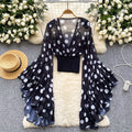 Women's Sheer Polka Dot Flare Sleeve V-Neck Top