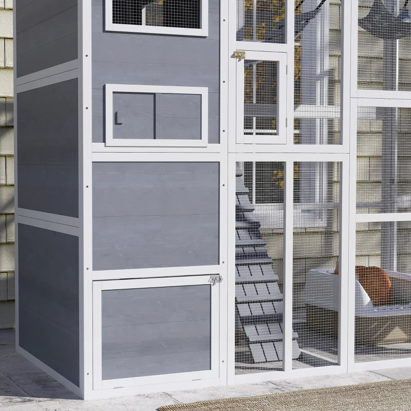 Large Wooden Catio Outdoor, Cat Enclosure W 4 Tier Resting Rooms, 3 Platforms, 1 Soft Ladder, 2 Ramps, 1 Hammock,Multiple Packages Will Be Shipped,Please Pay Attention To The Dimensions And Weight