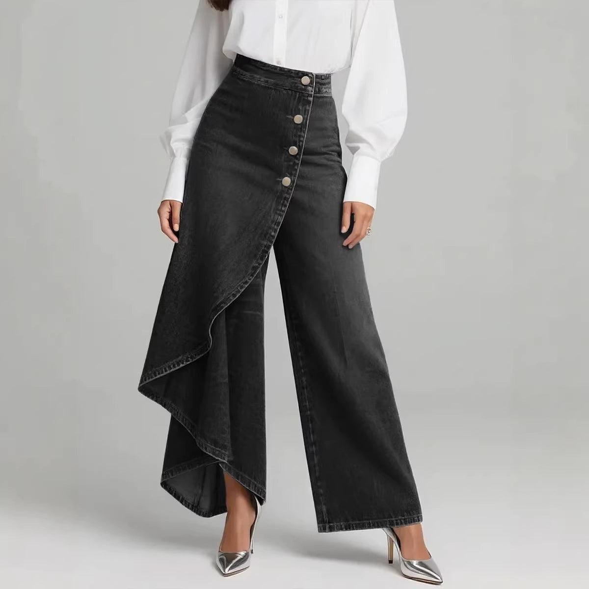 Women's Wide-Leg Ruffled Button Trousers