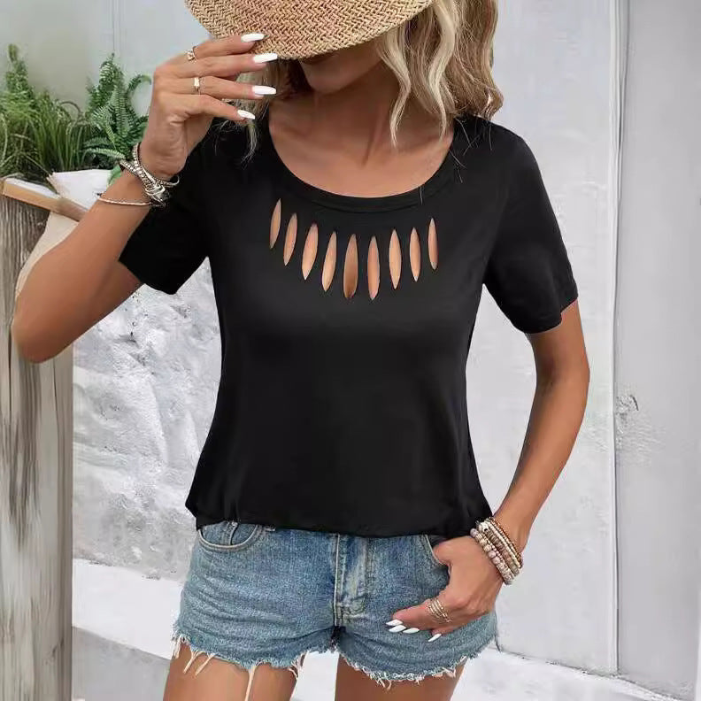 Solid-color Casual Chic Front-cutout Loose-fit Short-sleeve T-shirt