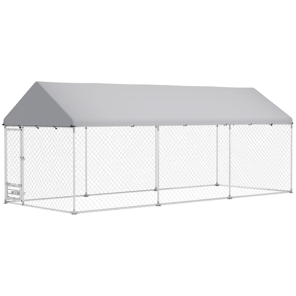 Outdoor Dog Kennel w/ Adjustable & Rotatable Bowl Rack, Waterproof UV-Resistant Cover, Secure Lock, 19.7' x 7.5' x 7.5'