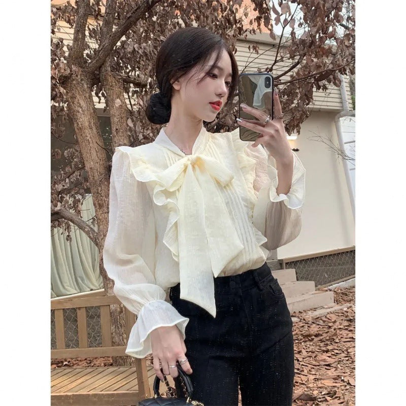 Bow-tie Chiffon Blouse Womens Ruffled Base Shirt