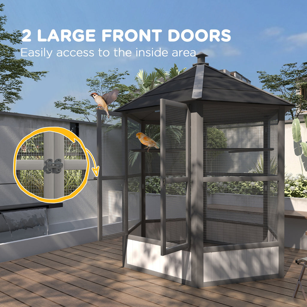 69" Wooden Hexagonal Outdoor Aviary Flight Bird Cage With Covered Roof, Light Gray