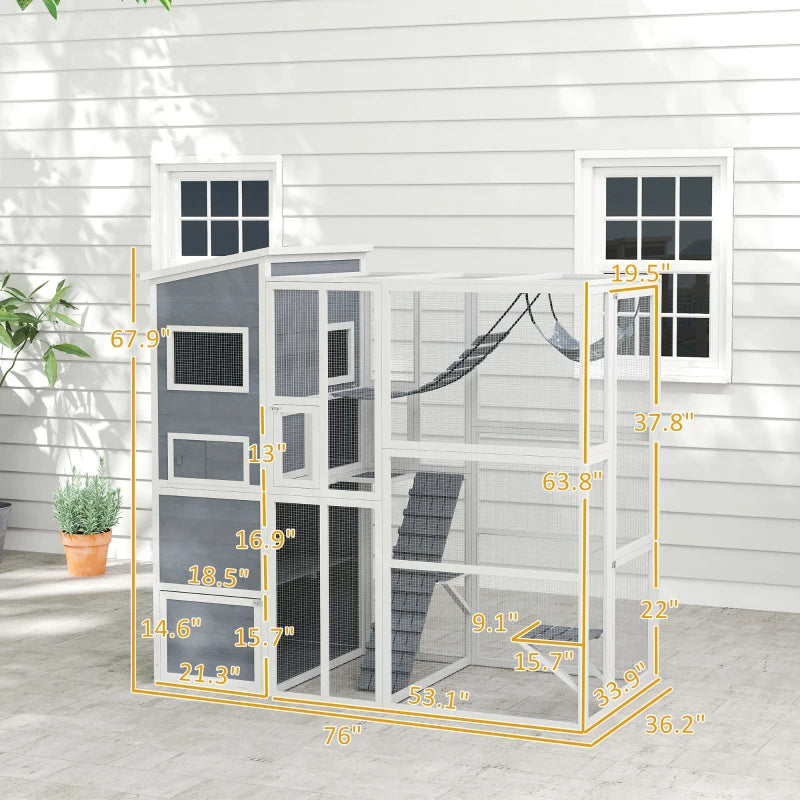 Large Wooden Catio Outdoor, Cat Enclosure W 4 Tier Resting Rooms, 3 Platforms, 1 Soft Ladder, 2 Ramps, 1 Hammock,Multiple Packages Will Be Shipped,Please Pay Attention To The Dimensions And Weight