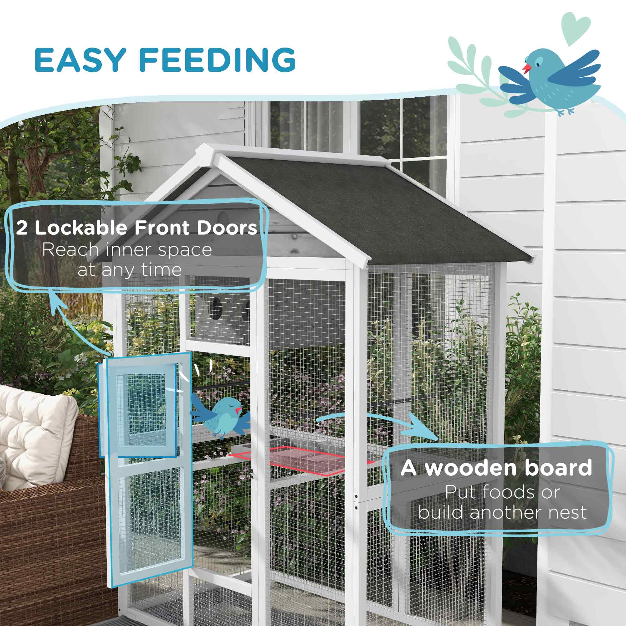 64.5" Wooden Bird Cage Aviary, Flight Cage with 4 Perches, Nest and Slide-Out Tray for Indoor/Outdoor, Gray