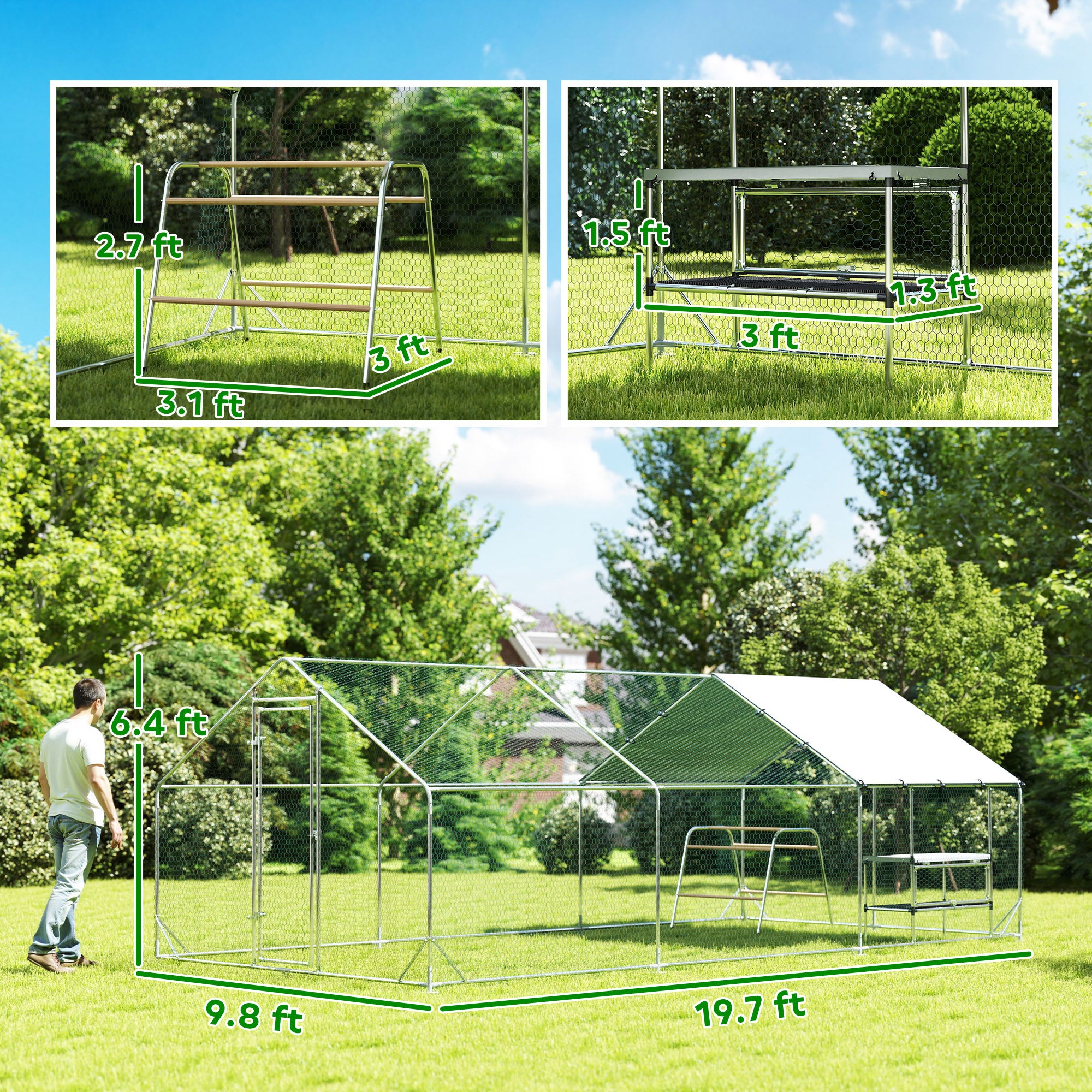 Large Metal Chicken Coop with Waterproof Cover, Roosting Bar, Nesting Box, 9.8' x 19.7' x 6.4'