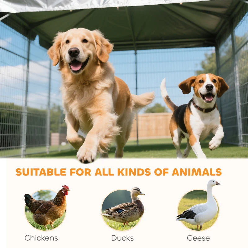 Large Outdoor Dog Kennel With Rotating & Adjustable Height Bowls, Waterproof & UV-Resistant Canopy