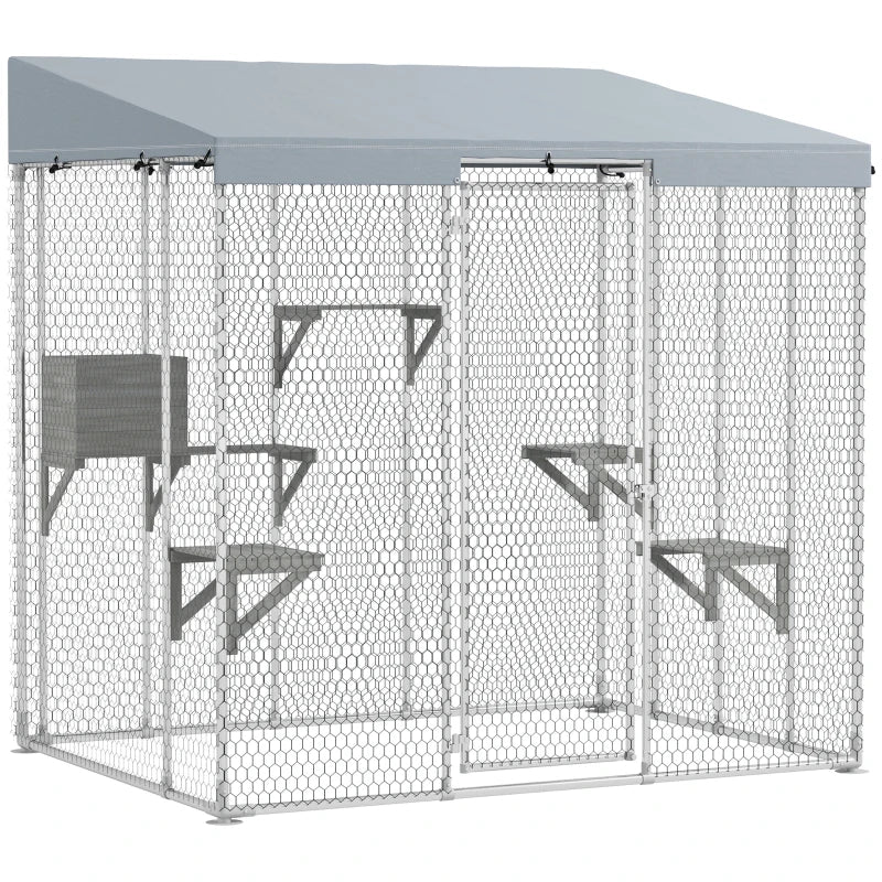 Galvanized Steel Large Catio With Waterproof Canopy, Sleeping Box, Jumping Platforms, For 1-3 Kittens, SilverMultiple Packages Shipped. Please Pay Attention To The Dimensions And Weight In The Details